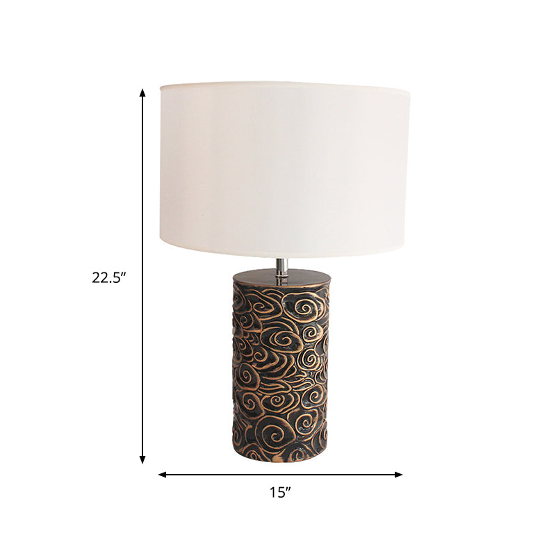 1 Head Resin Table Lighting Vintage Bronze Scroll Patterned Pillar Bedroom Night Lamp with Round Fabric Lamp Shade