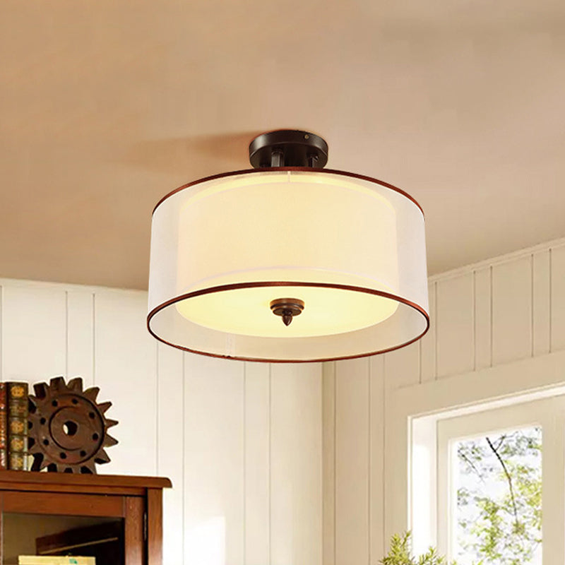 3/5 Lights Semi Flush Classic Style Double Drum Shade Fabric Ceiling Mounted Fixture in Black, 16"/19.5" Wide