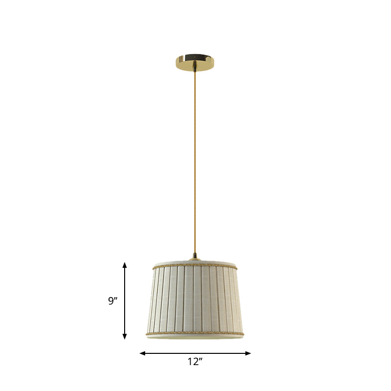 Beige Pleated Shade Pendant Light Fixture Country Fabric 1 Head Bedroom Hanging Lamp Kit