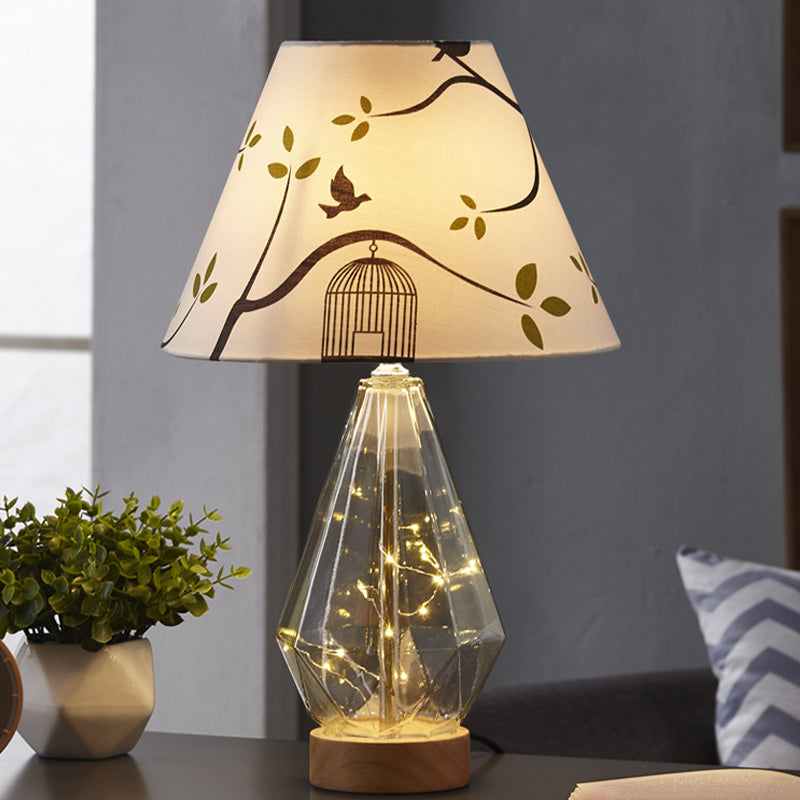 Clear Glass Urn/Diamond Night Lamp Contemporary 1-Bulb Bedroom Table Light with Cone Printing Fabric Shade