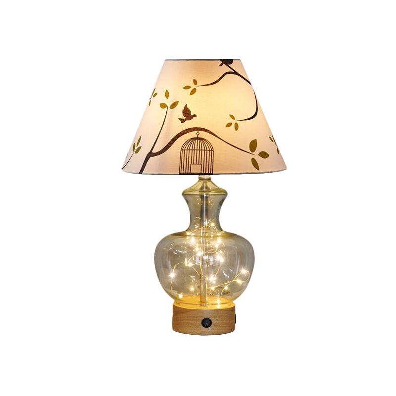 Clear Glass Urn/Diamond Night Lamp Contemporary 1-Bulb Bedroom Table Light with Cone Printing Fabric Shade