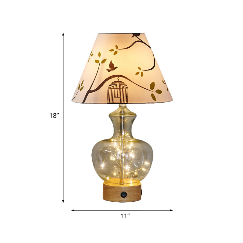 Clear Glass Urn/Diamond Night Lamp Contemporary 1-Bulb Bedroom Table Light with Cone Printing Fabric Shade