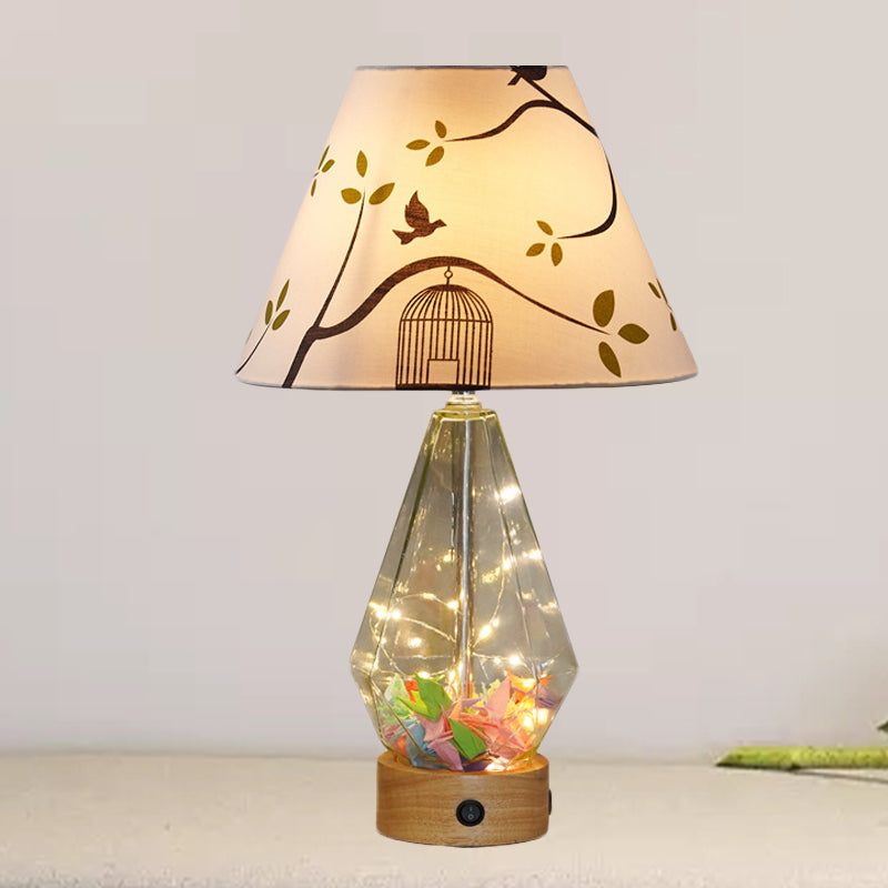 Clear Glass Urn/Diamond Night Lamp Contemporary 1-Bulb Bedroom Table Light with Cone Printing Fabric Shade