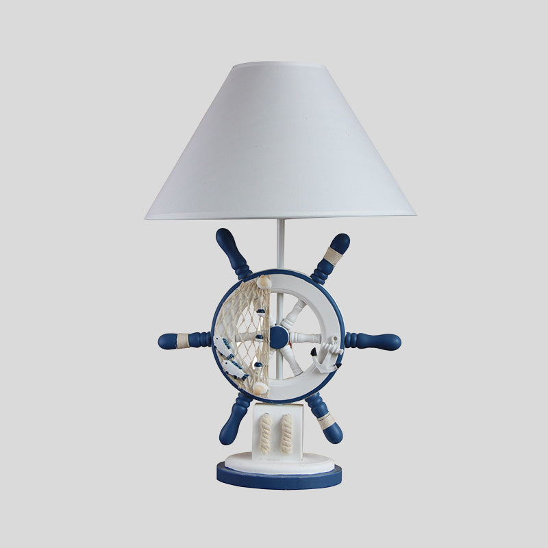 Wood Rudder Shape Night Table Light Mediterranean Style Single Blue Night Lamp with Cone Fabric Shade