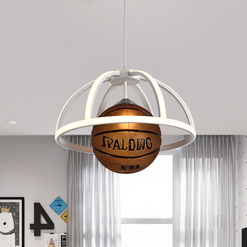 Basketball Pendant Lighting Kids Acrylic 1-Light White and Brown Suspension Lamp with Dome Frame in Warm/White Light