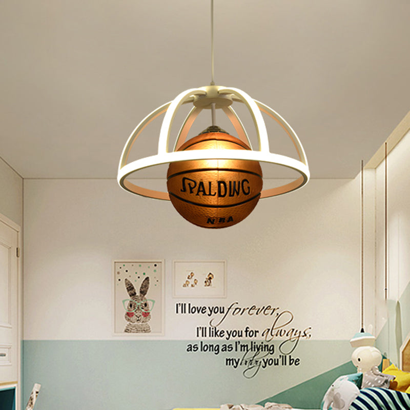 Basketball Pendant Lighting Kids Acrylic 1-Light White and Brown Suspension Lamp with Dome Frame in Warm/White Light