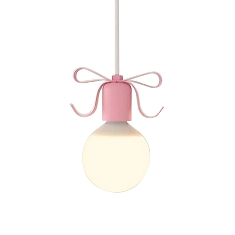 White Glass Modo Hanging Light Kit Macaron 1-Head Grey/Pink Finish Ceiling Pendant Lamp with Bow Deco