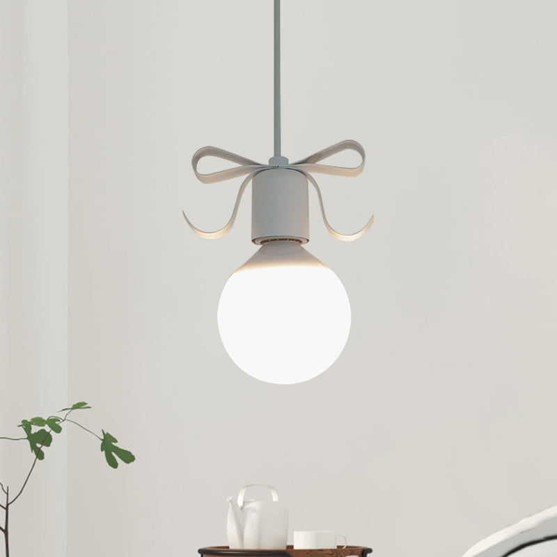 White Glass Modo Hanging Light Kit Macaron 1-Head Grey/Pink Finish Ceiling Pendant Lamp with Bow Deco