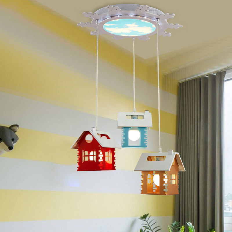 Forme de maison métallique Multi Light Pendant Macaron 3 têtes Lampe suspension-bleu-jaune rouge
