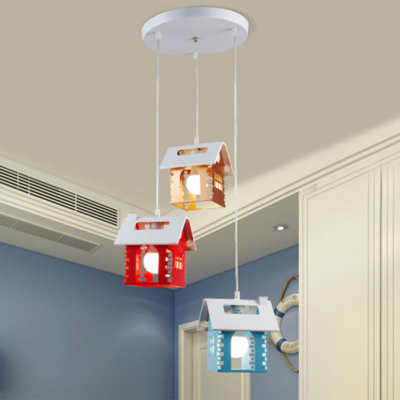 Metallic House Shape Multi Light Pendant Macaron 3 Heads Red-Yellow-Blue Suspension Lamp