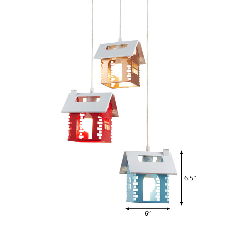 Metallic House Shape Multi Light Pendant Macaron 3 Heads Red-Yellow-Blue Suspension Lamp