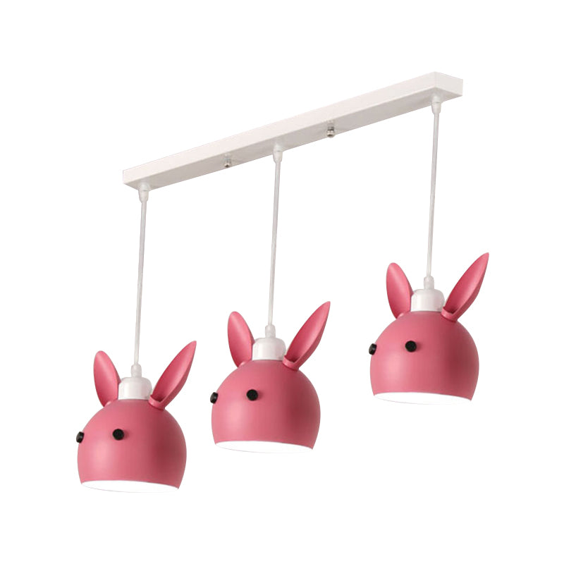 Macaron 3-Light Multiple Hanging Light Grey/Pink Rabbit Head Shape Pendulum Lamp with Metal Shade