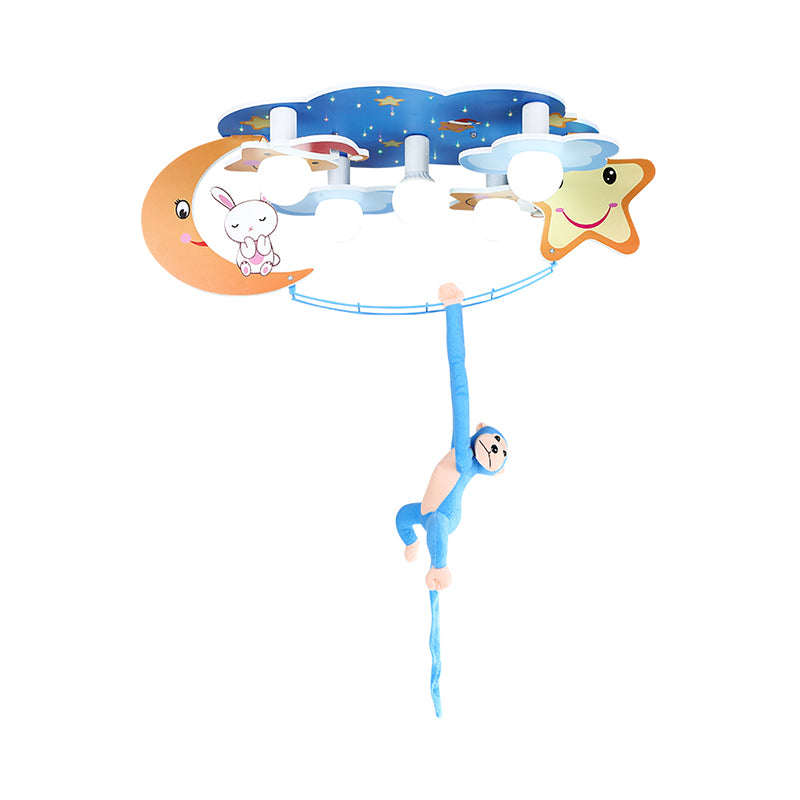 Starry Sky Metal Flushmount Lighting Cartoon 5 Heads Blue Flush Mounted Lamp with Monkey Decor