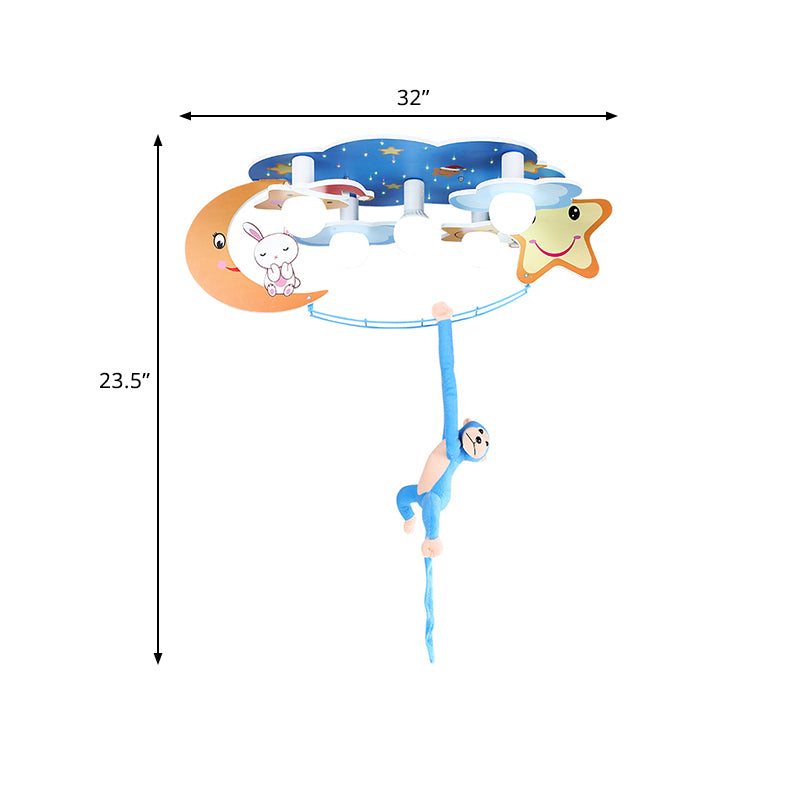 Starry Sky Metal Flushmount Lighting Cartoon 5 Heads Blue Flush Mounted Lamp with Monkey Decor