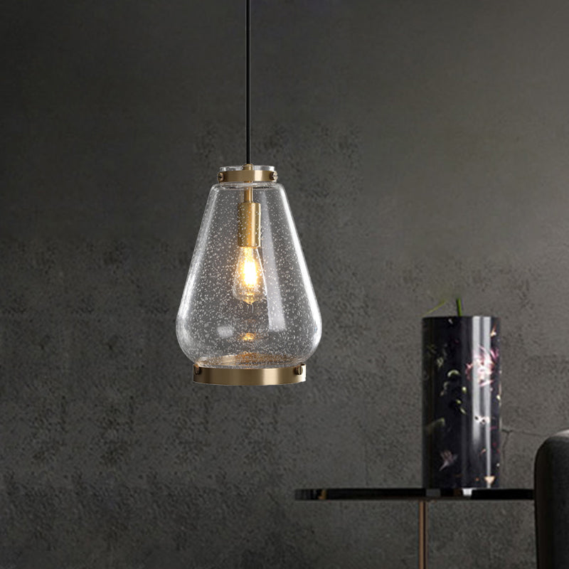 Simple Droplet Seeded Glass Pendant Light 1-Light Ceiling Suspension Lamp with Brass Rim for Bedroom