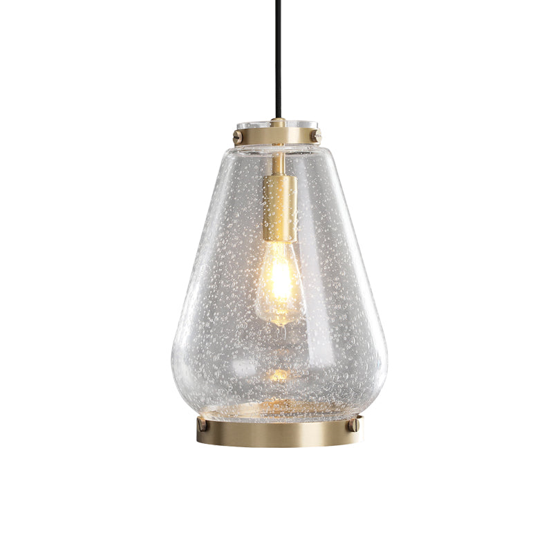 Simple Droplet Seeded Glass Pendant Light 1-Light Ceiling Suspension Lamp with Brass Rim for Bedroom