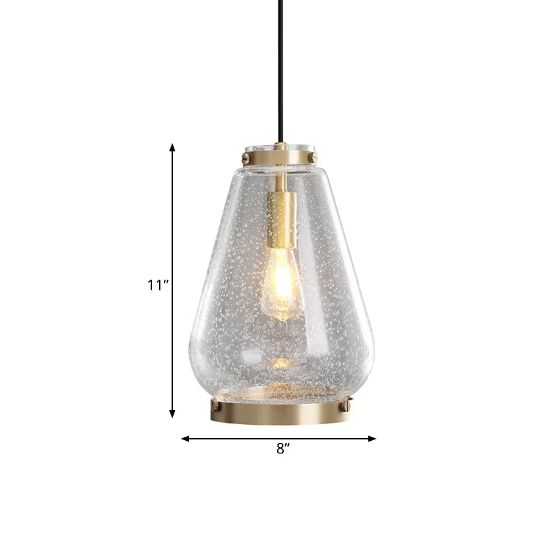 Simple Droplet Seeded Glass Pendant Light 1-Light Ceiling Suspension Lamp with Brass Rim for Bedroom