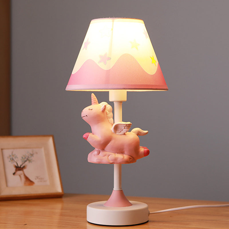 Unicorn Bedroom Night Light Resin 1-Light Cartoon Night Table Lamp in Pink/Yellow/Blue with Cone Fabric Shade