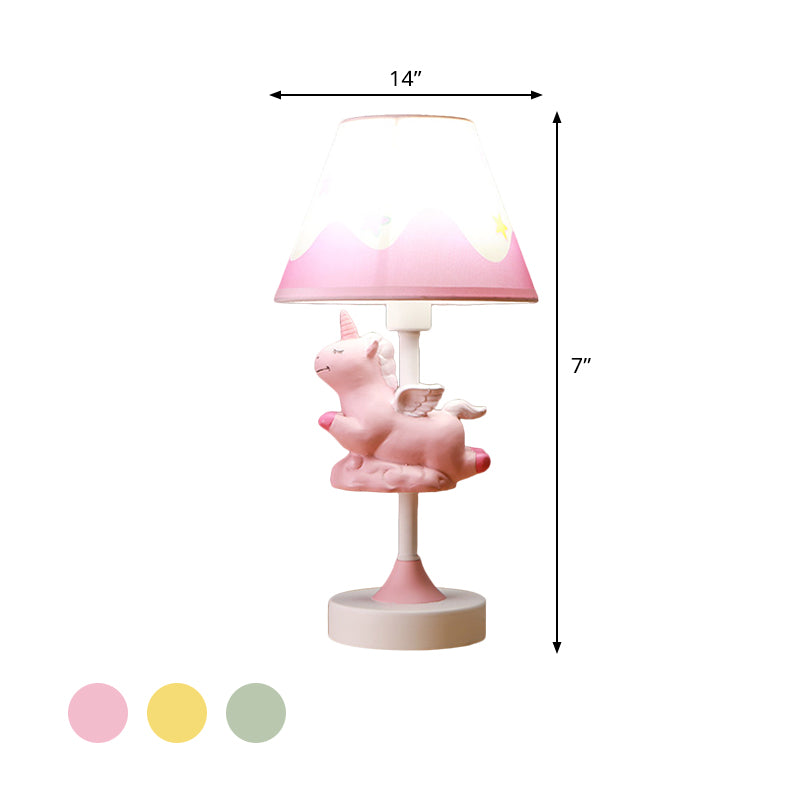 Unicorn Bedroom Night Light Resin 1-Light Cartoon Night Table Lamp in Pink/Yellow/Blue with Cone Fabric Shade