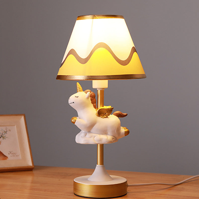 Unicorn Bedroom Night Light Resin 1-Light Cartoon Night Table Lamp in Pink/Yellow/Blue with Cone Fabric Shade