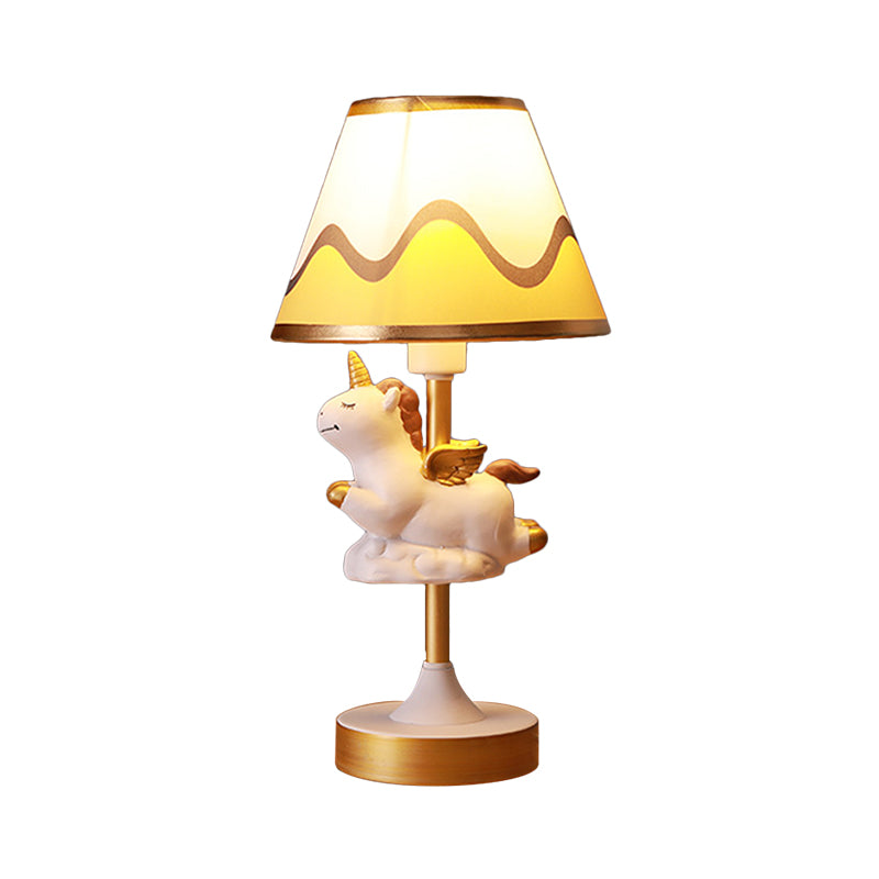 Unicorn Bedroom Night Light Resin 1-Light Cartoon Night Table Lamp in Pink/Yellow/Blue with Cone Fabric Shade