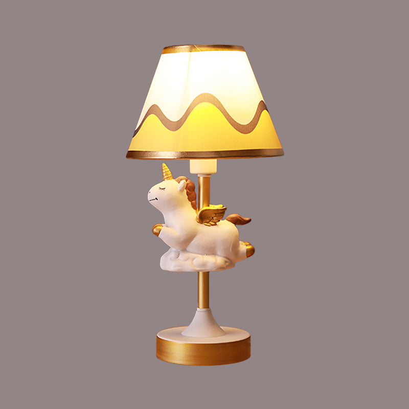 Unicorn Bedroom Night Light Resin 1-Light Cartoon Night Table Lamp in Pink/Yellow/Blue with Cone Fabric Shade