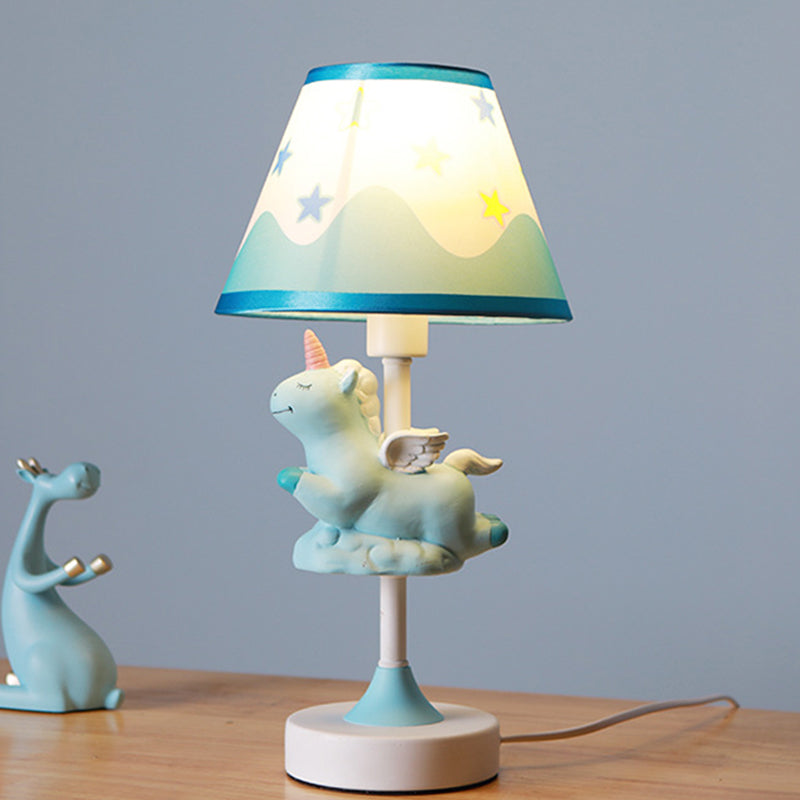 Unicorn Bedroom Night Light Resin 1-Light Cartoon Night Table Lamp in Pink/Yellow/Blue with Cone Fabric Shade