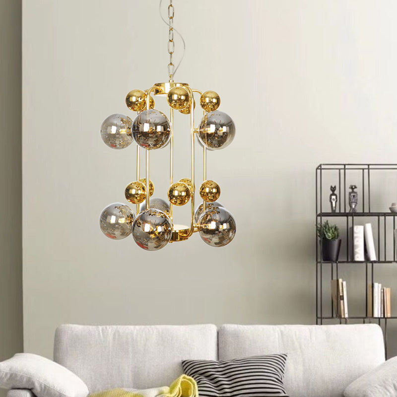 Postmodern 8 Bulbs Chandelier Lamp Brass Molecular Pendant Light Fixture with Smoke Grey Glass Shade