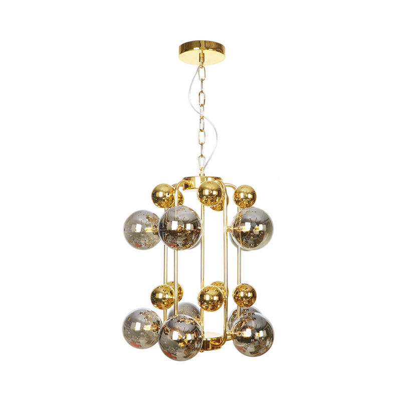 Postmodern 8 Bulbs Chandelier Lamp Brass Molecular Pendant Light Fixture with Smoke Grey Glass Shade