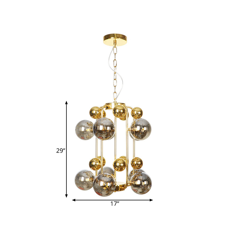 Postmodern 8 Bulbs Chandelier Lamp Brass Molecular Pendant Light Fixture with Smoke Grey Glass Shade