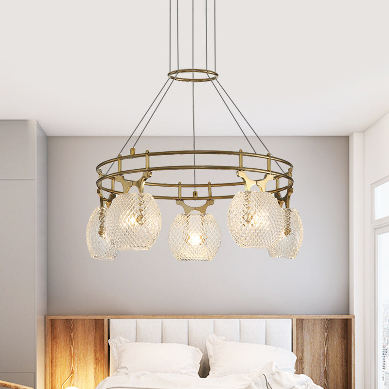 Ball Chandelier Pendant Light Postmodern Clear Lattice Glass 5-Head Dining Room Ceiling Suspension Lamp in Gold