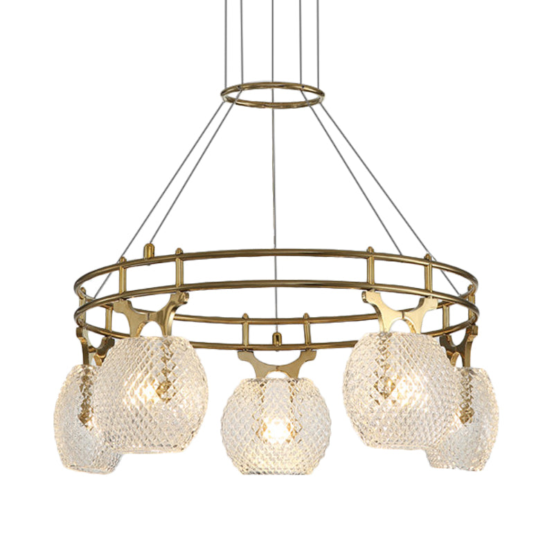 Ball Chandelier Pendant Light Postmodern Clear Lattice Glass 5-Head Dining Room Ceiling Suspension Lamp in Gold