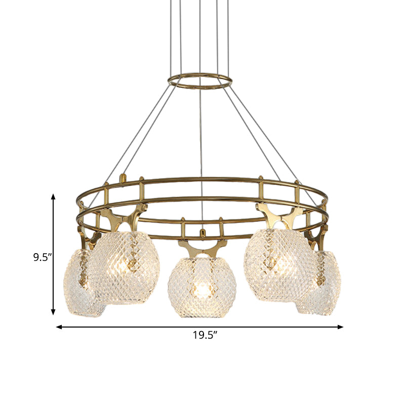 Ball Chandelier Pendant Light Postmodern Clear Lattice Glass 5-Head Dining Room Ceiling Suspension Lamp in Gold