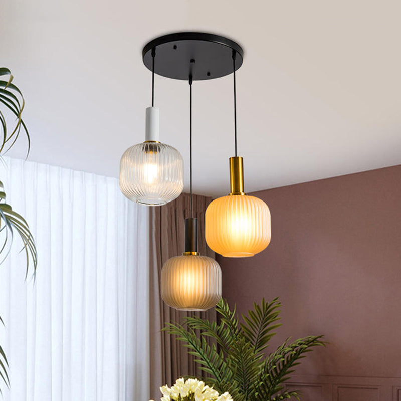 Modern Cluster Jar Pendant Colored Ribbed Glass 3 Lights Gold Suspended Lighting Fixture