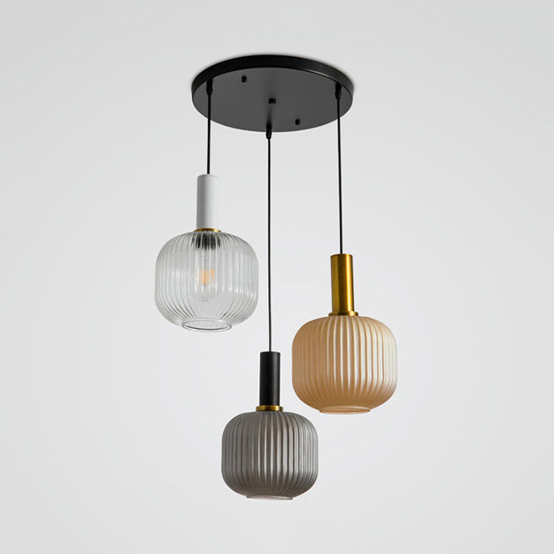 Modern Cluster Jar Pendant Colored Ribbed Glass 3 Lights Gold Suspended Lighting Fixture