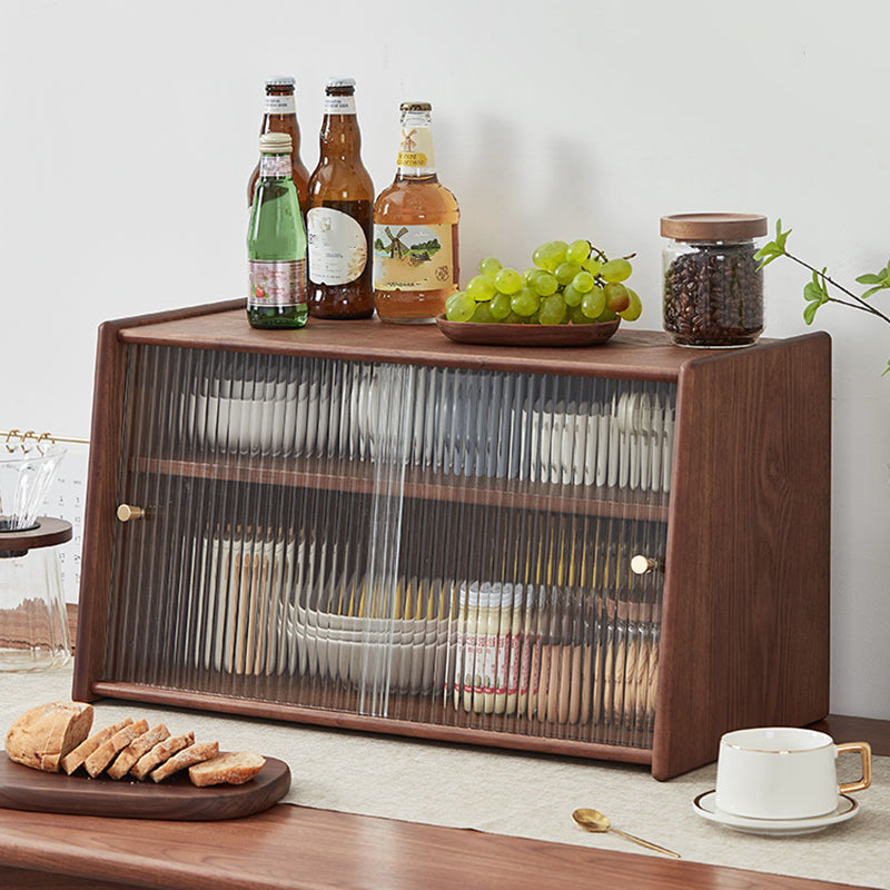 Contemporary Solid Wood Sideboard Cabinet in Brown with Glass Doors