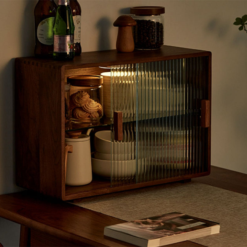 Contemporary Solid Wood Sideboard Cabinet in Brown with Glass Doors