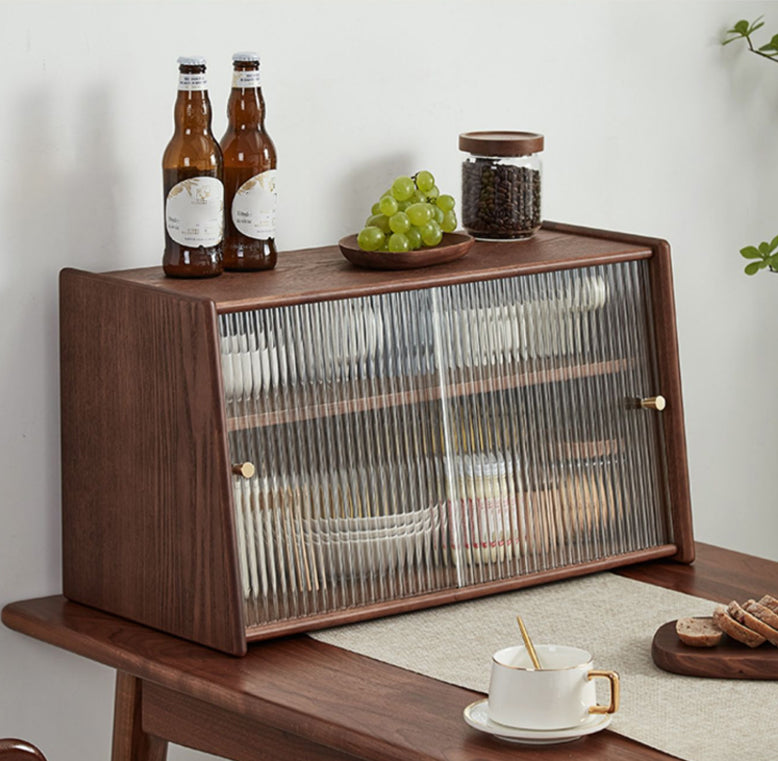 Contemporary Solid Wood Sideboard Cabinet in Brown with Glass Doors