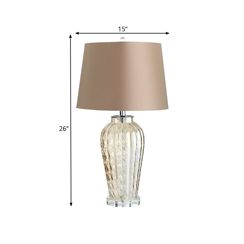 Fabric Tapered Drum Table Light Contemporary 1-Light Nightstand Lamp with Urn Ribbed Glass Base