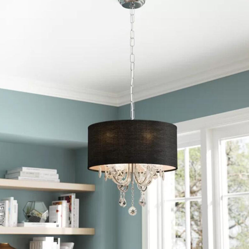 4 Lights Chandelier Modernism Drum Fabric Hanging Ceiling Light in Black with Crystal Ball Accent