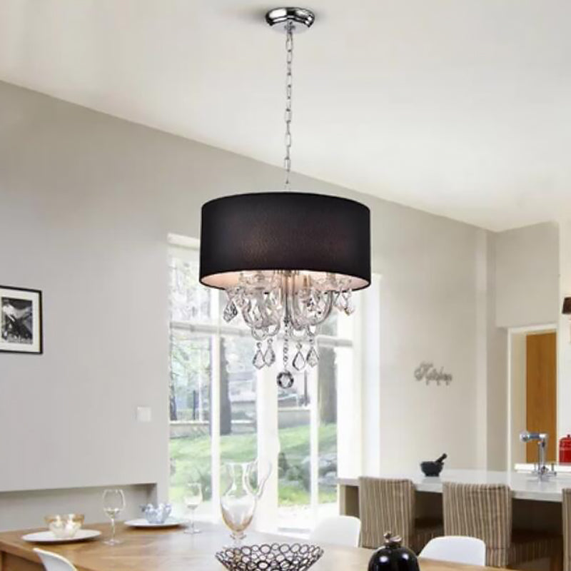 4 Lights Chandelier Modernism Drum Fabric Hanging Ceiling Light in Black with Crystal Ball Accent