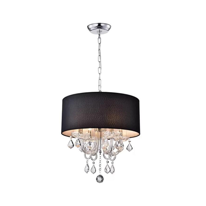 4 Lights Chandelier Modernism Drum Fabric Hanging Ceiling Light in Black with Crystal Ball Accent