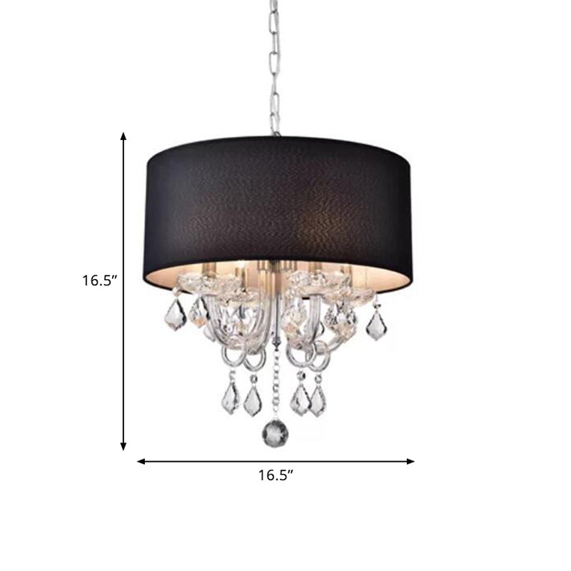 4 Lights Chandelier Modernism Drum Fabric Hanging Ceiling Light in Black with Crystal Ball Accent