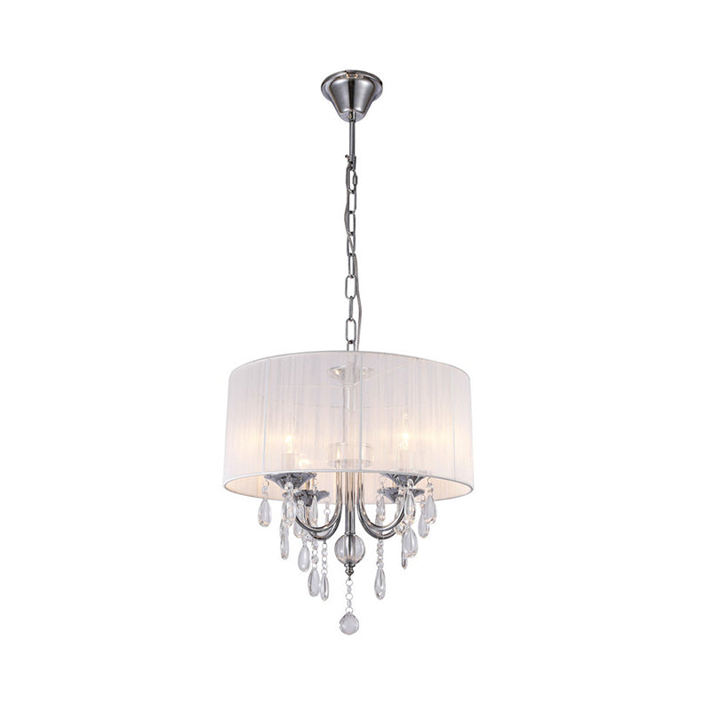 Drum Living Room Chandelier Lighting Fixture Simple Style Fabric 4 Lights Chrome Pendant Light Kit with Crystal Drop