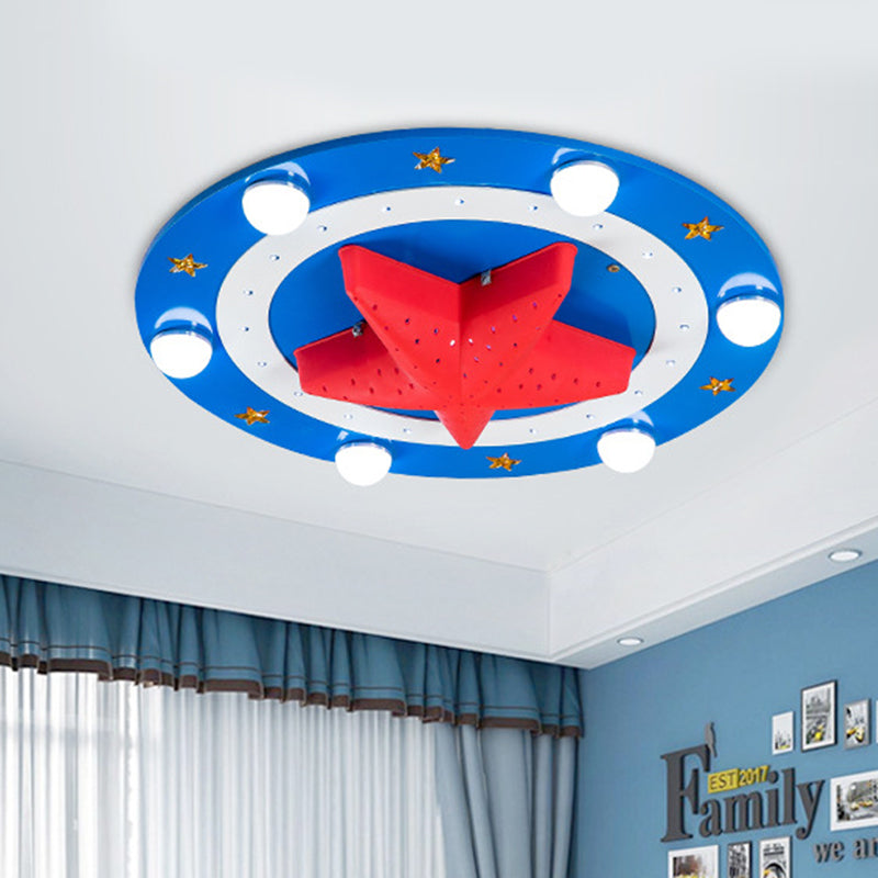 Wood Round Flush Mount Lamp Kids 6-Head Blue Ceiling Flushmount Fixture with Red Starfish Shade