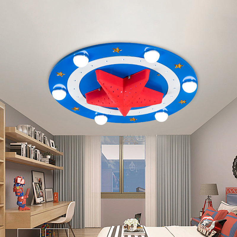 Houten Ronde Flush Mount Lamp Kids 6-Hoofd Blauwe Plafond Flushmount Fixture met Rode Zeester Shade