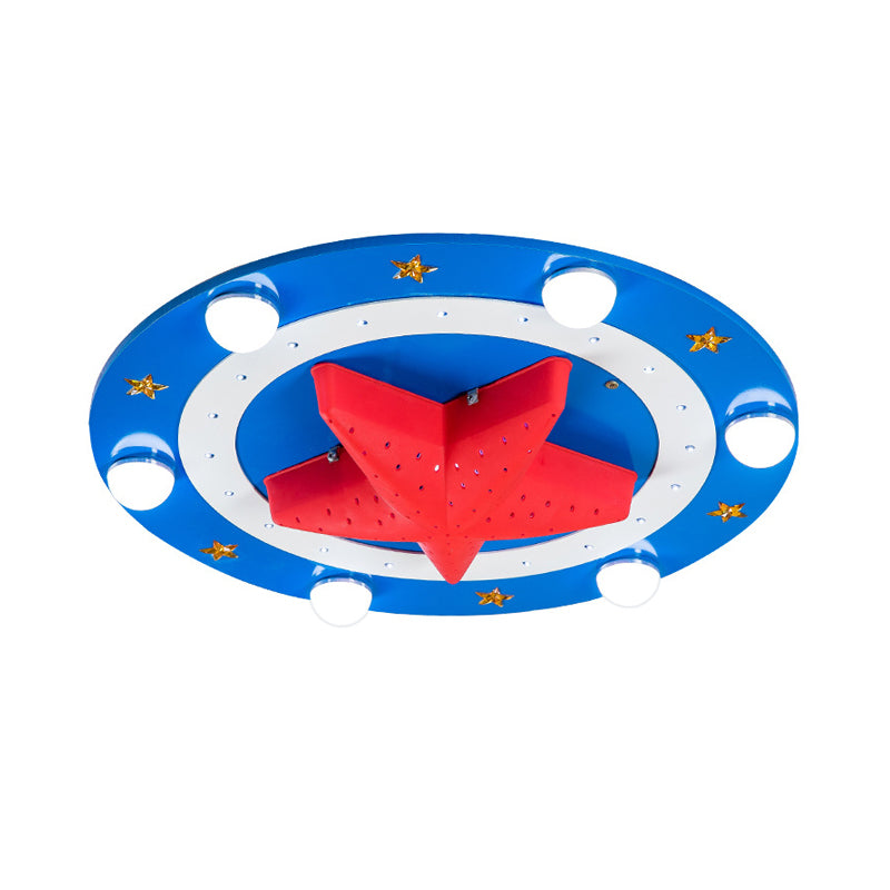 Wood Round Flush Mount Lamp Kids 6-Head Blue Ceiling Flushmount Fixture with Red Starfish Shade