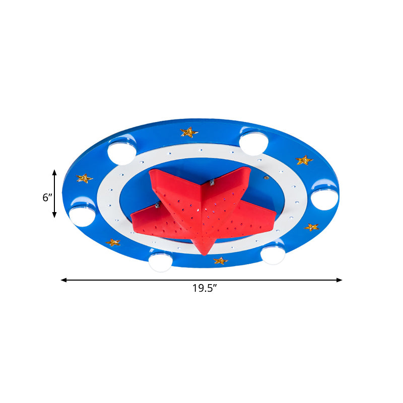 Houten Ronde Flush Mount Lamp Kids 6-Hoofd Blauwe Plafond Flushmount Fixture met Rode Zeester Shade