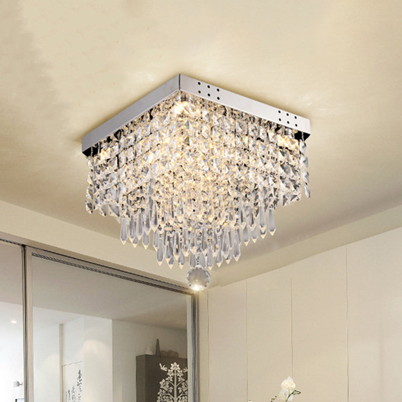 Tiered Square Living Room Flushmount Modernist Faceted Crystal LED Chrome Close to Ceiling Light