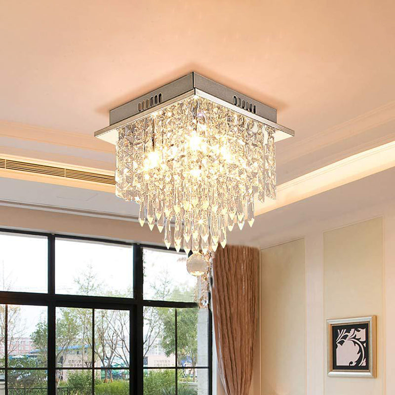 Tiered Square Living Room Flushmount Modernist Faceted Crystal LED Chrome Close to Ceiling Light